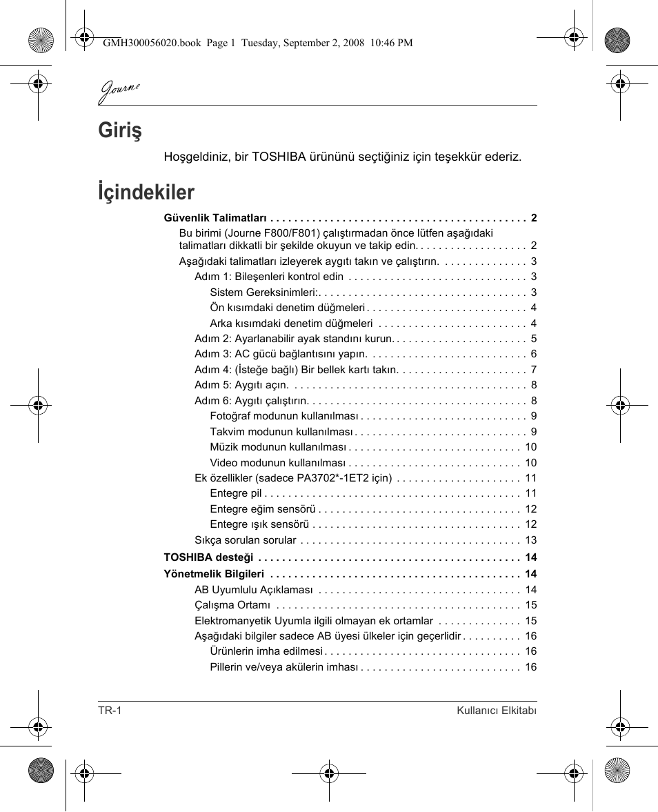Giriş, Içindekiler | Toshiba JournE F800-F801 User Manual | Page 210 / 244