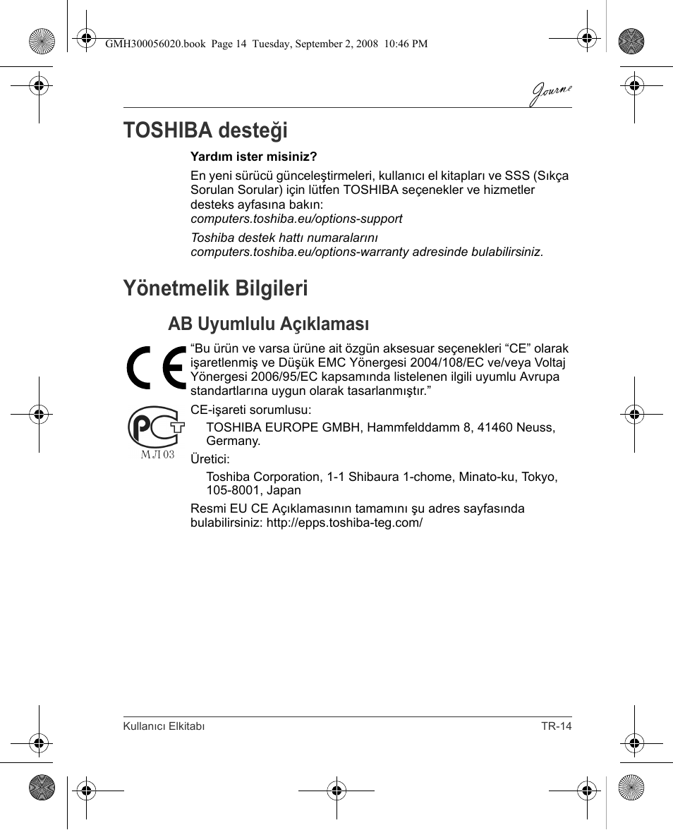 Toshiba desteği, Yönetmelik bilgileri, Ab uyumlulu açıklaması | Toshiba JournE F800-F801 User Manual | Page 223 / 244