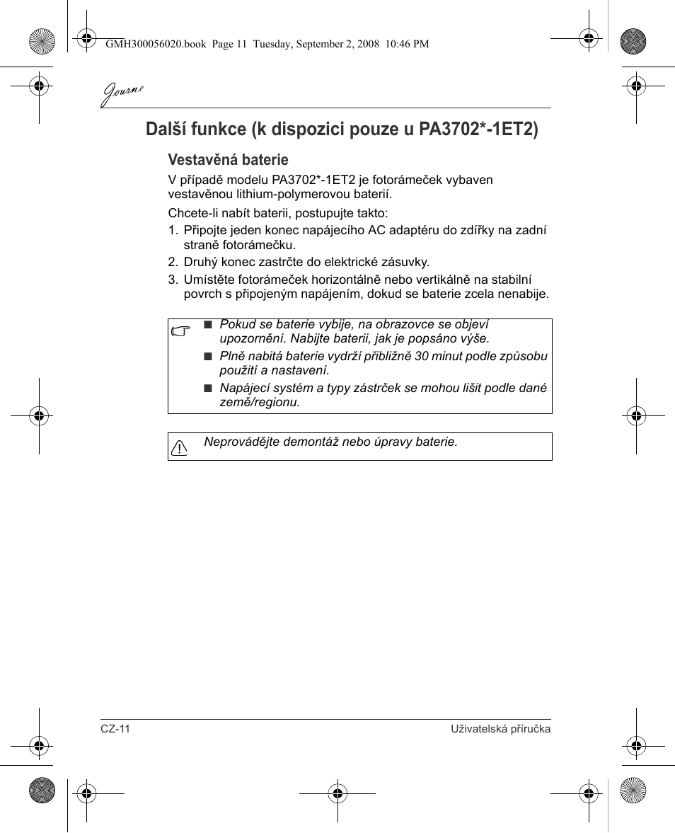 Vestavěná baterie | Toshiba JournE F800-F801 User Manual | Page 44 / 244