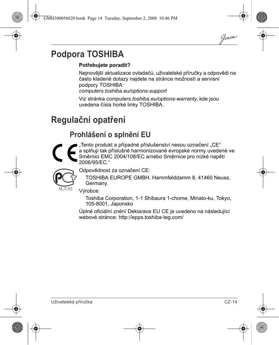 Podpora toshiba, Regulační opatření, Prohlášení o splnění eu | Toshiba JournE F800-F801 User Manual | Page 47 / 244