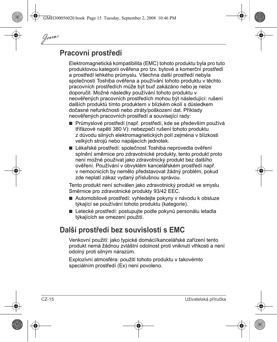 Pracovní prostředí, Další prostředí bez souvislosti s emc | Toshiba JournE F800-F801 User Manual | Page 48 / 244