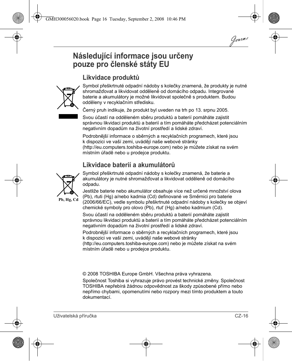 Likvidace produktů, Likvidace baterií a akumulátorů | Toshiba JournE F800-F801 User Manual | Page 49 / 244