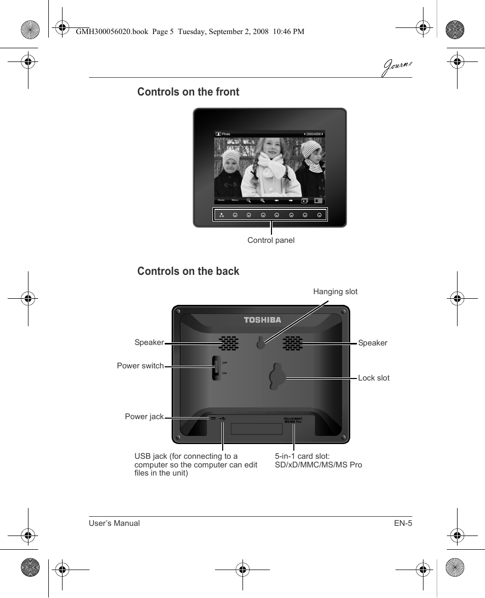 Controls on the front controls on the back | Toshiba JournE F800-F801 User Manual | Page 5 / 244