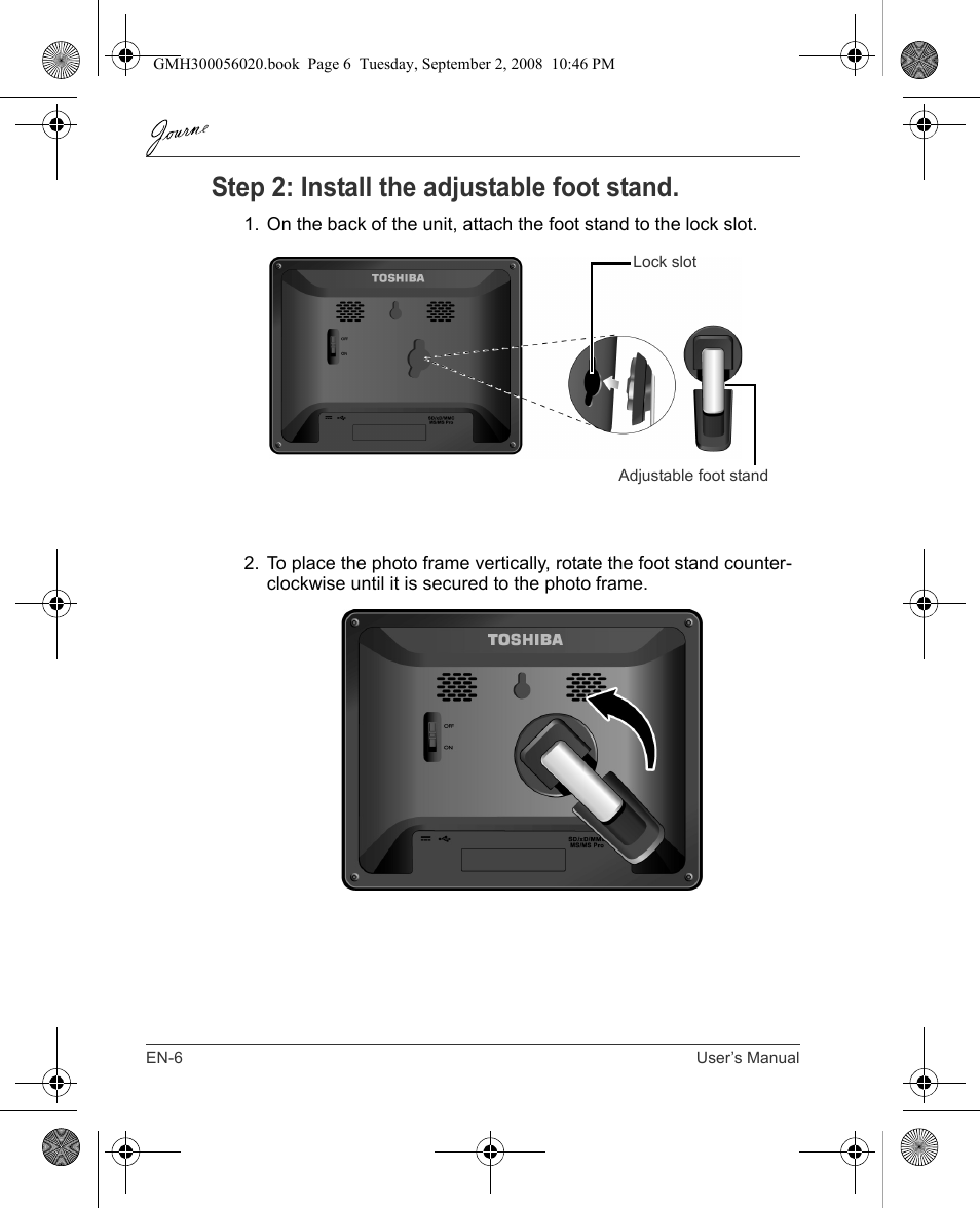 Step 2: install the adjustable foot stand | Toshiba JournE F800-F801 User Manual | Page 6 / 244