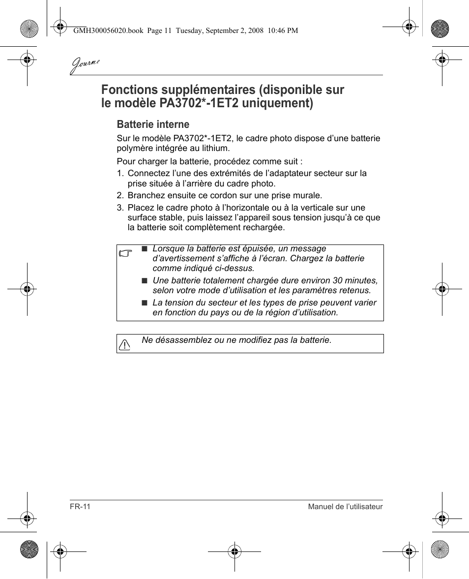 Batterie interne | Toshiba JournE F800-F801 User Manual | Page 60 / 244