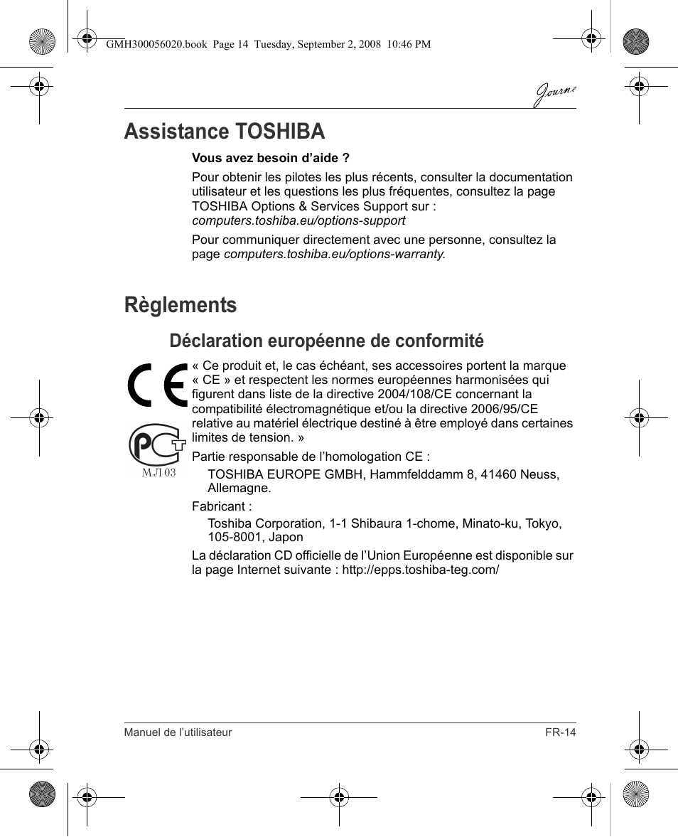 Assistance toshiba, Règlements, Déclaration européenne de conformité | Toshiba JournE F800-F801 User Manual | Page 63 / 244