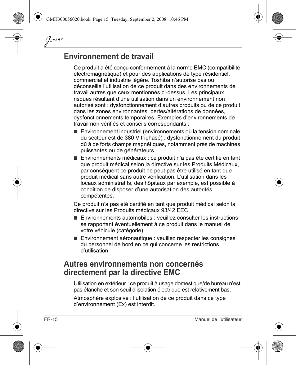 Environnement de travail | Toshiba JournE F800-F801 User Manual | Page 64 / 244