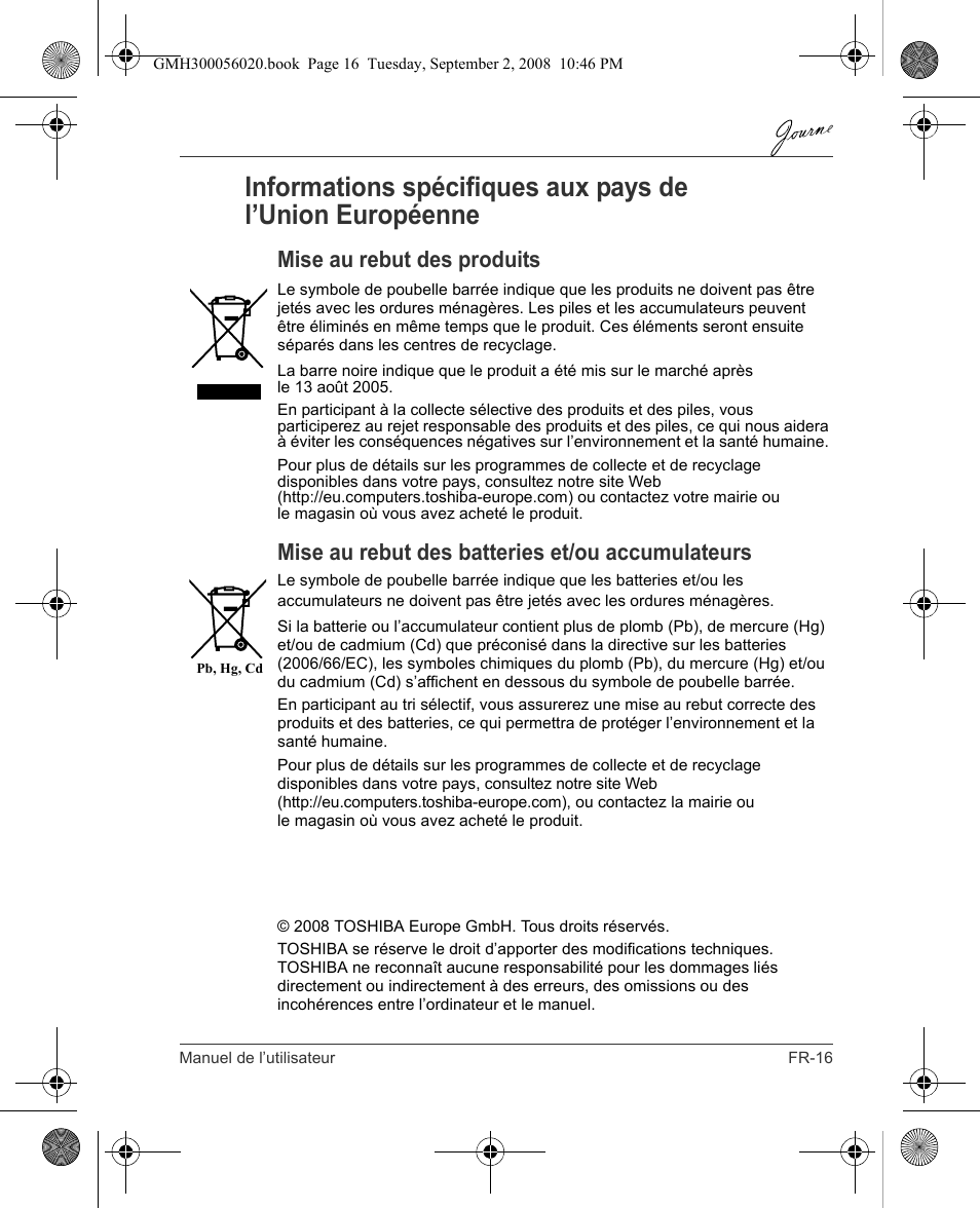 Mise au rebut des produits, Mise au rebut des batteries et/ou accumulateurs | Toshiba JournE F800-F801 User Manual | Page 65 / 244