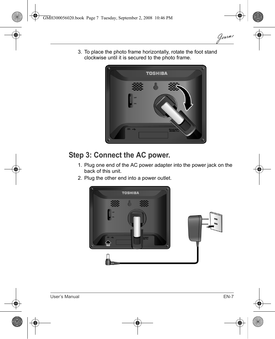 Step 3: connect the ac power | Toshiba JournE F800-F801 User Manual | Page 7 / 244