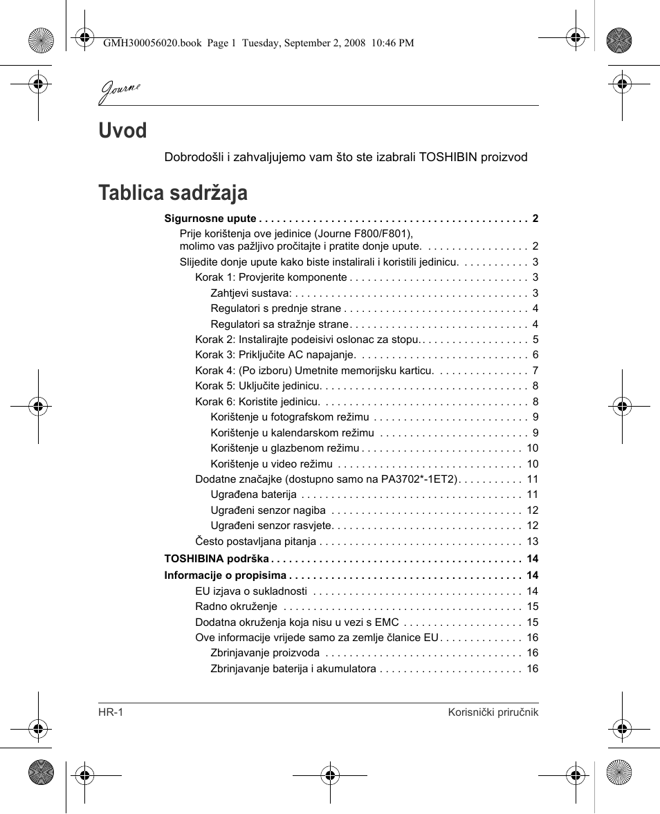 Uvod, Tablica sadržaja | Toshiba JournE F800-F801 User Manual | Page 82 / 244