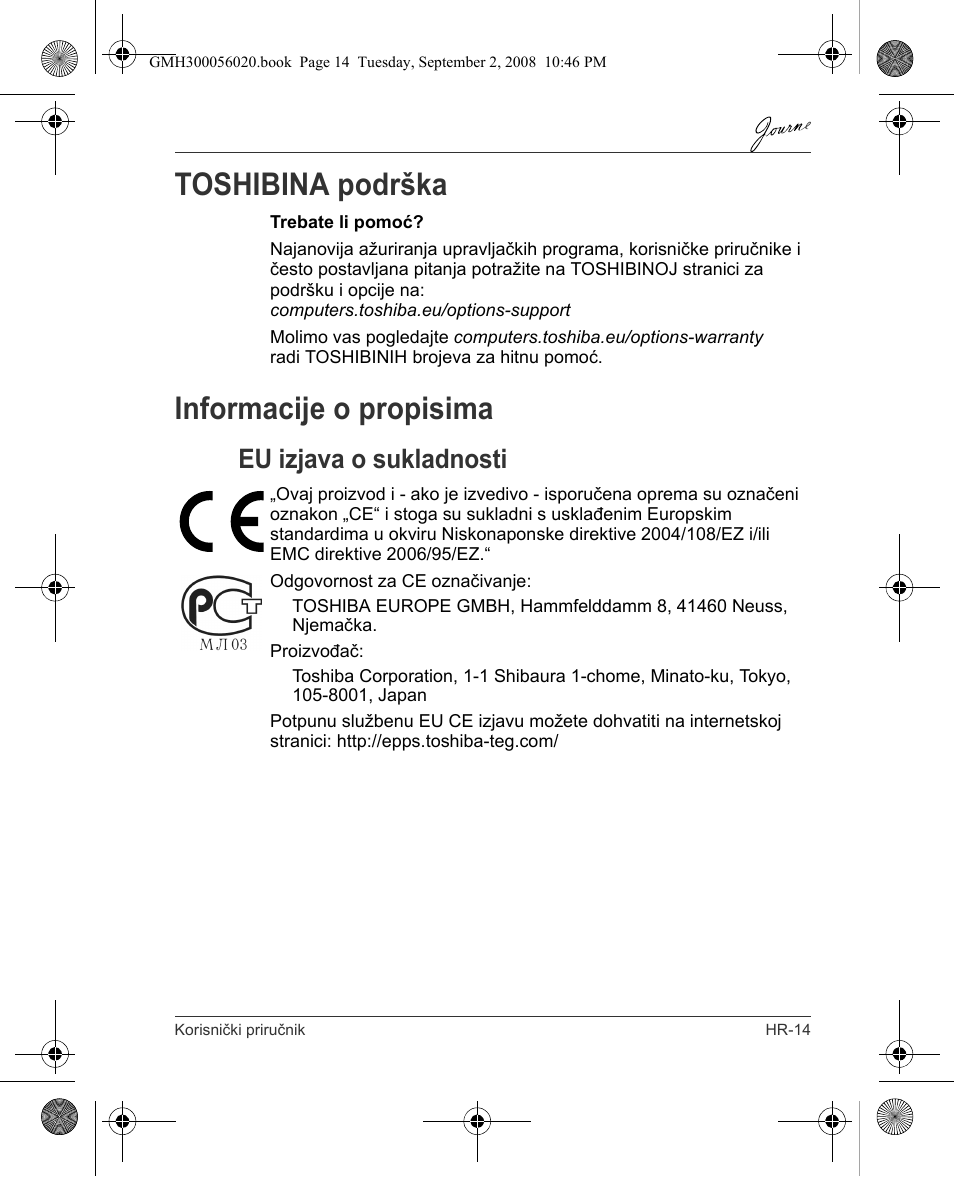 Toshibina podrška, Informacije o propisima, Eu izjava o sukladnosti | Toshiba JournE F800-F801 User Manual | Page 95 / 244