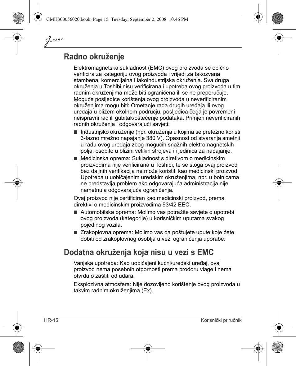 Radno okruženje, Dodatna okruženja koja nisu u vezi s emc | Toshiba JournE F800-F801 User Manual | Page 96 / 244