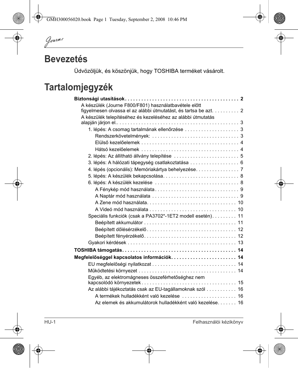 Bevezetés, Tartalomjegyzék | Toshiba JournE F800-F801 User Manual | Page 98 / 244