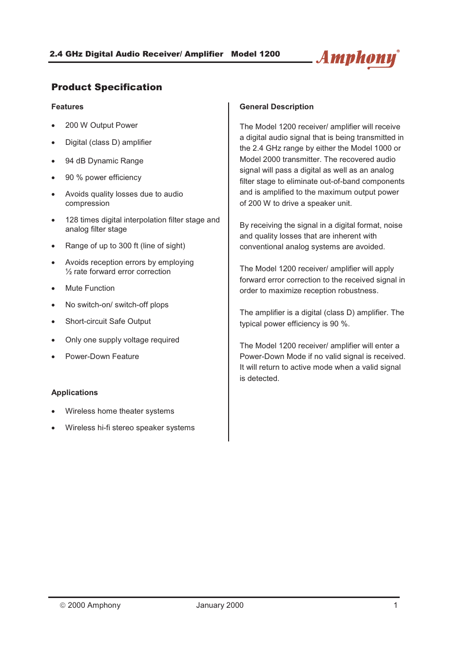 Amphony 2.4 GHz Digital Audio Receiver/ Amplifier 1200 User Manual | 3 pages