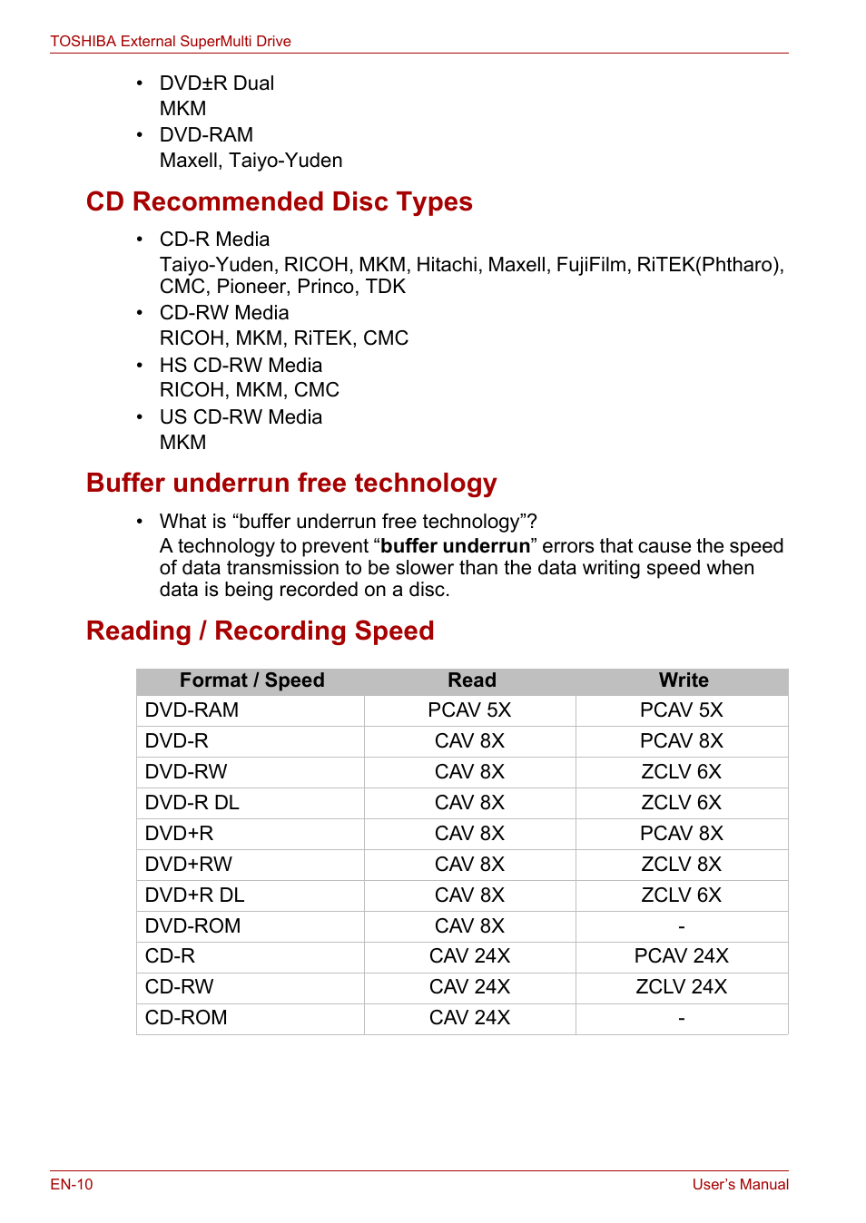 Cd recommended disc types, Buffer underrun free technology, Reading / recording speed | Toshiba External SuperMulti Drive User Manual | Page 10 / 533