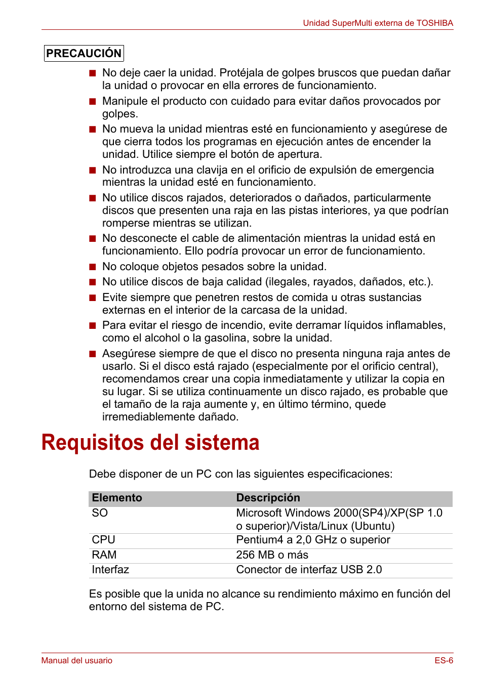 Requisitos del sistema | Toshiba External SuperMulti Drive User Manual | Page 101 / 533