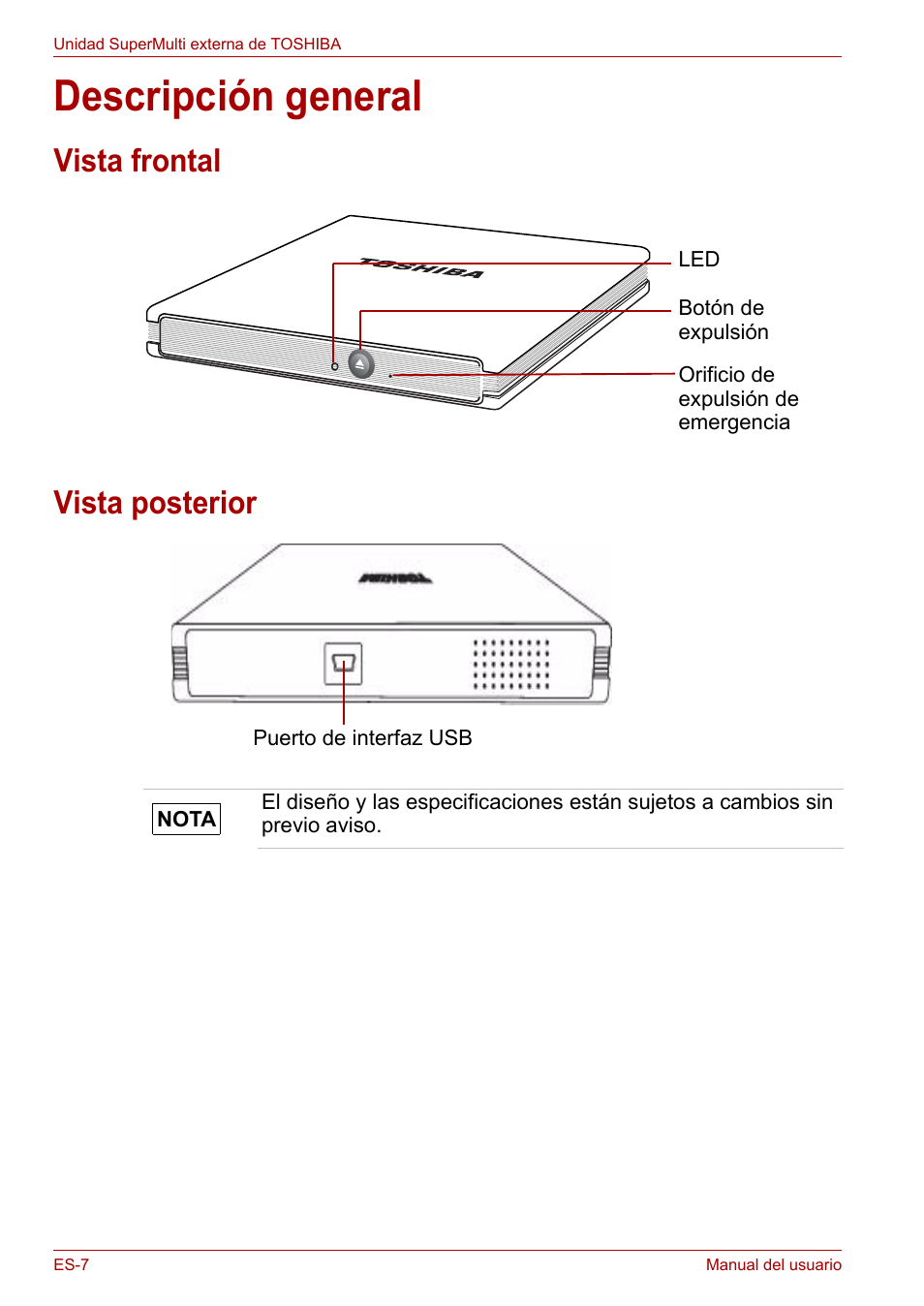 Descripción general, Vista frontal, Vista posterior | Vista frontal vista posterior | Toshiba External SuperMulti Drive User Manual | Page 102 / 533