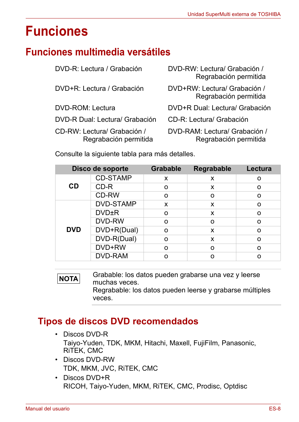 Funciones, Funciones multimedia versátiles, Tipos de discos dvd recomendados | Toshiba External SuperMulti Drive User Manual | Page 103 / 533