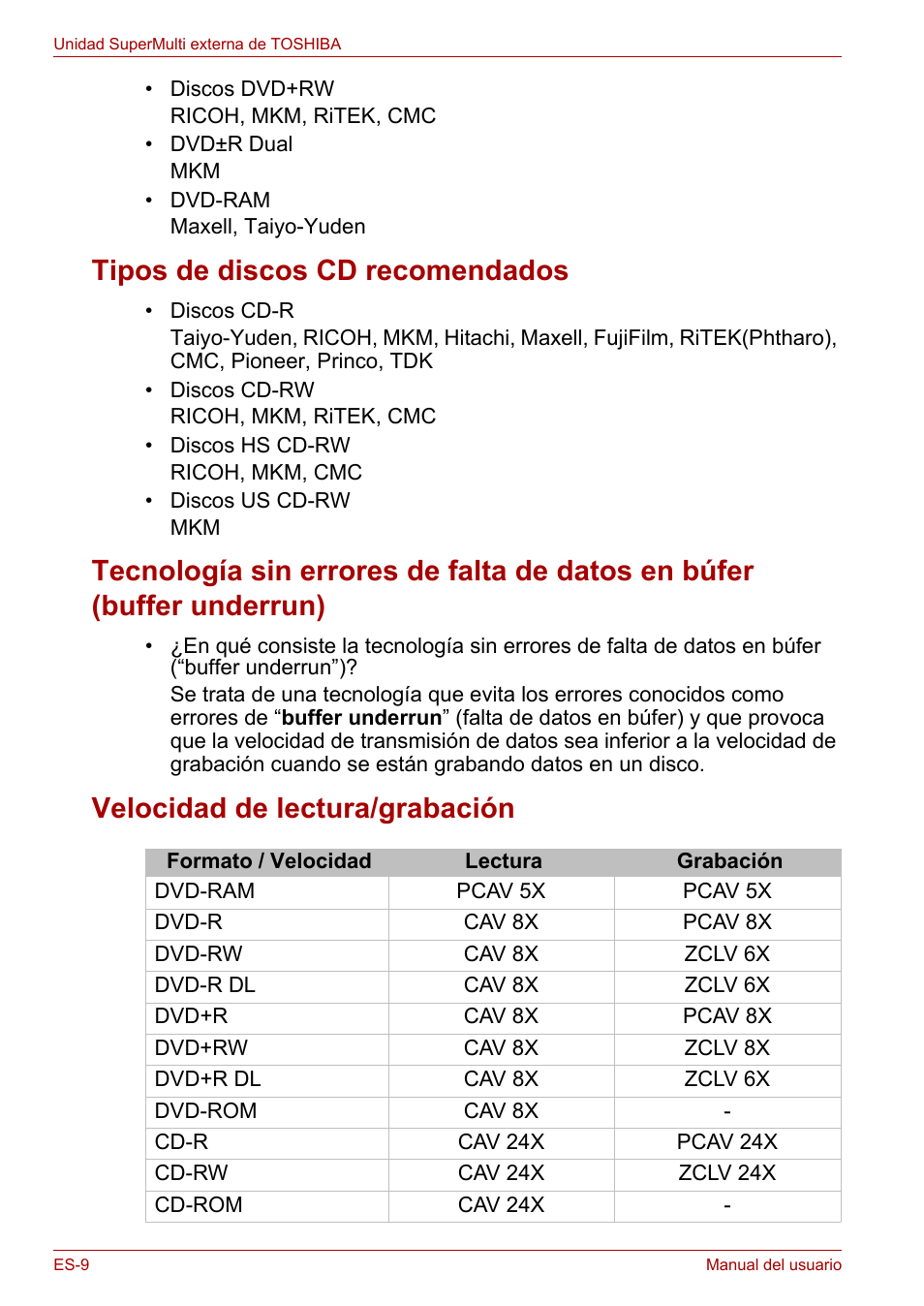 Tipos de discos cd recomendados, Velocidad de lectura/grabación | Toshiba External SuperMulti Drive User Manual | Page 104 / 533