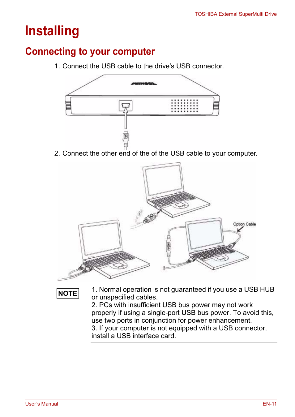 Installing, Connecting to your computer | Toshiba External SuperMulti Drive User Manual | Page 11 / 533