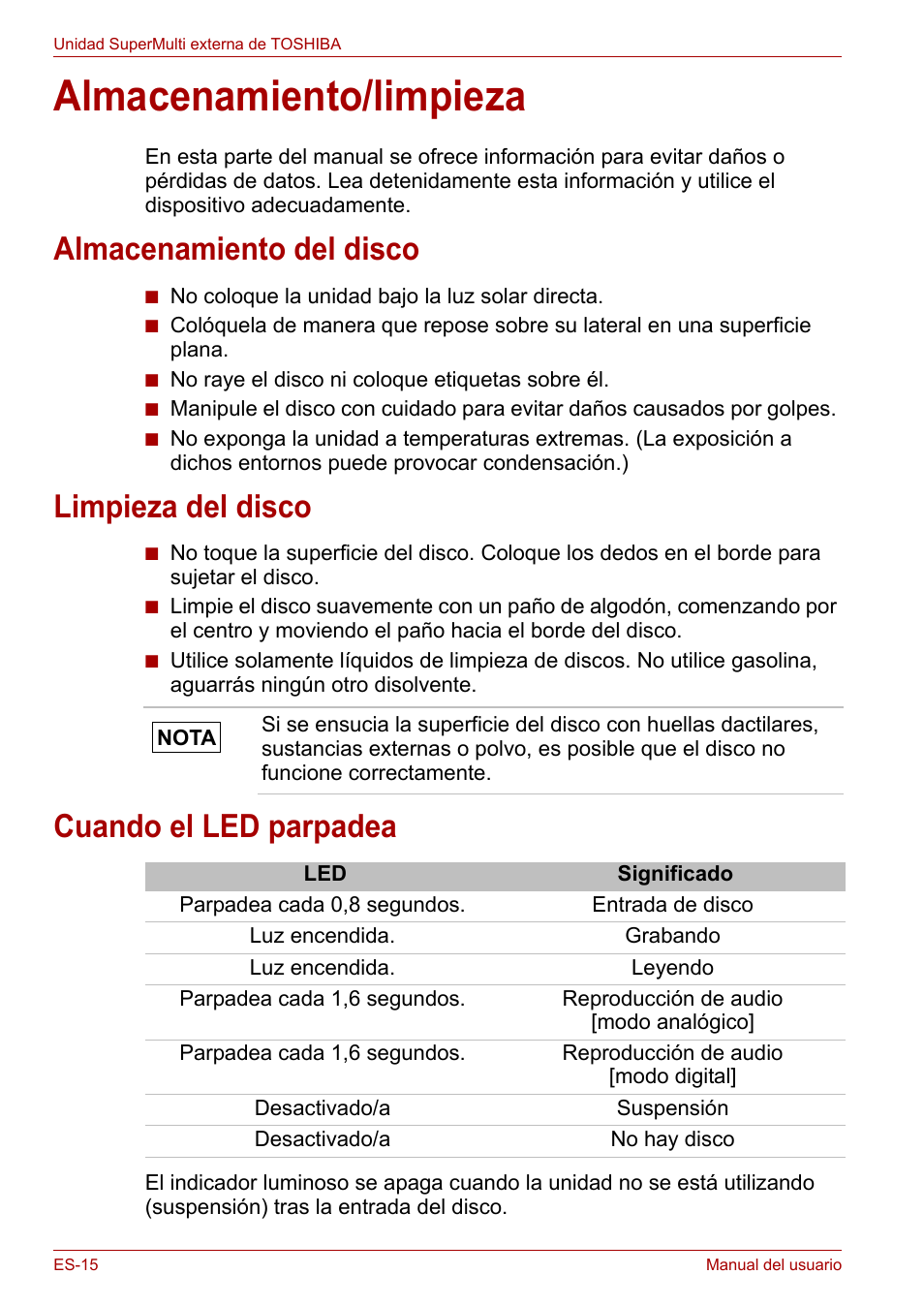Almacenamiento/limpieza, Almacenamiento del disco, Limpieza del disco | Cuando el led parpadea | Toshiba External SuperMulti Drive User Manual | Page 110 / 533