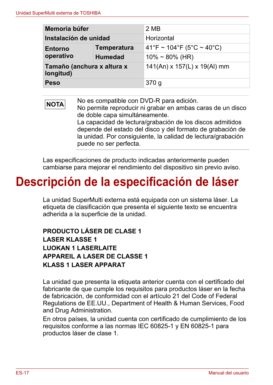 Descripción de la especificación de láser | Toshiba External SuperMulti Drive User Manual | Page 112 / 533