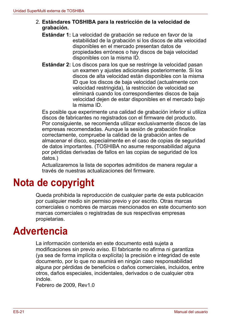 Nota de copyright, Advertencia, Nota de copyright advertencia | Toshiba External SuperMulti Drive User Manual | Page 116 / 533