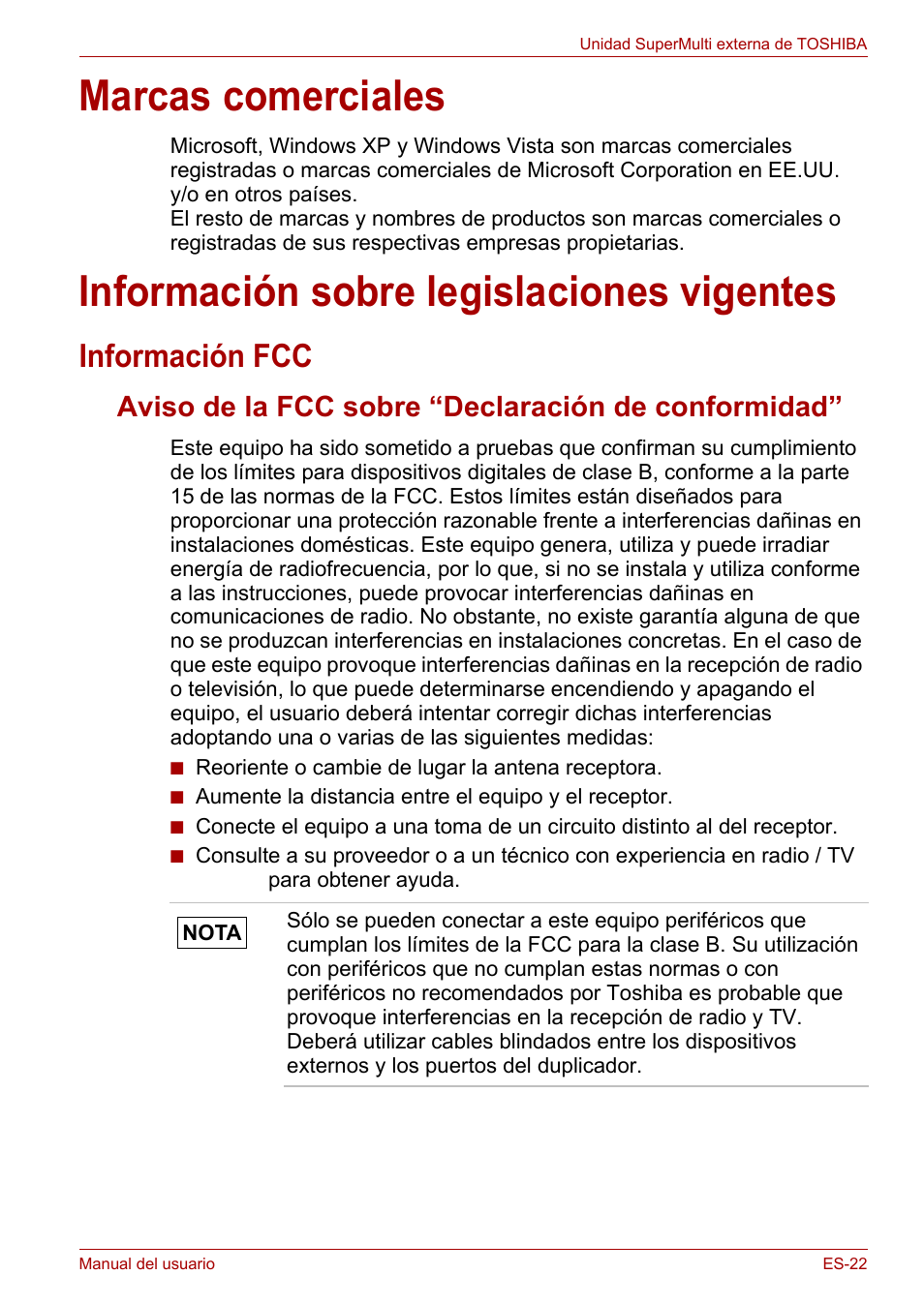 Marcas comerciales, Información sobre legislaciones vigentes, Información fcc | Aviso de la fcc sobre “declaración de conformidad | Toshiba External SuperMulti Drive User Manual | Page 117 / 533