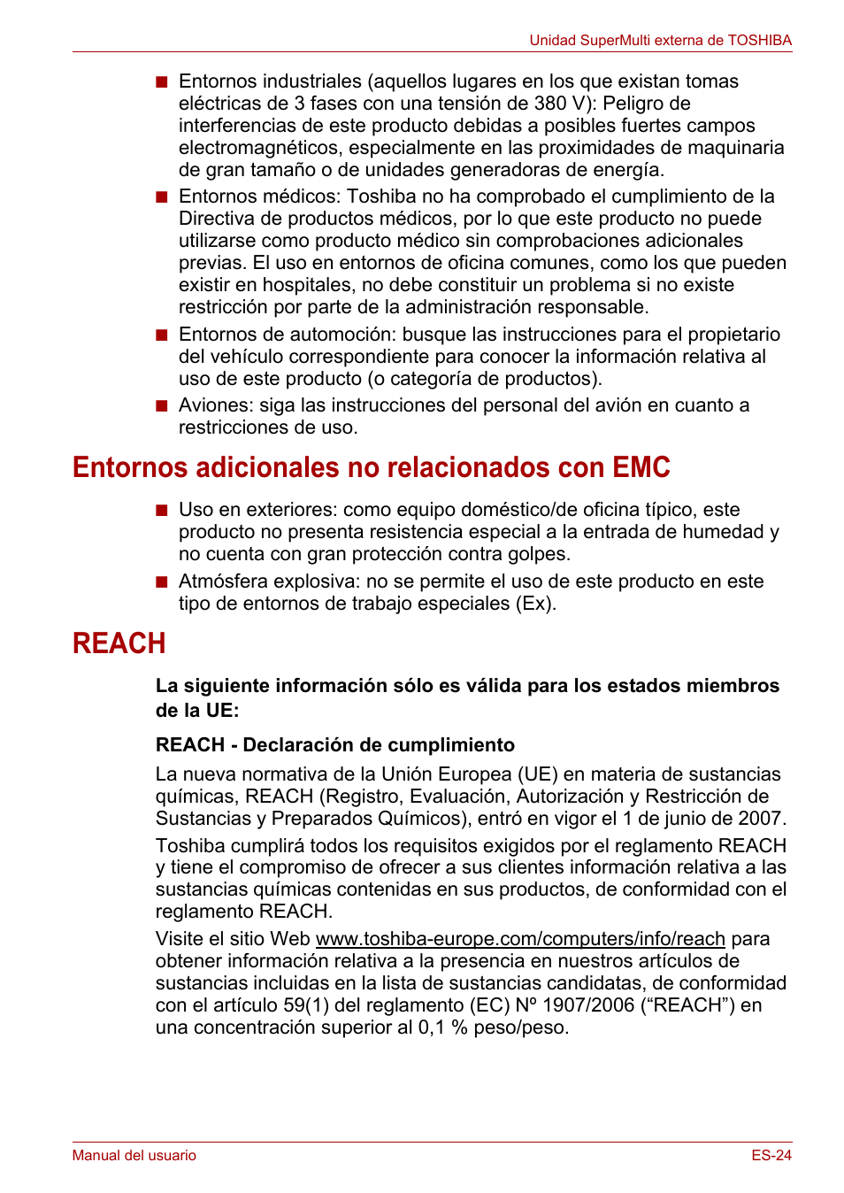 Entornos adicionales no relacionados con emc, Reach, Entornos adicionales no relacionados con emc reach | Toshiba External SuperMulti Drive User Manual | Page 119 / 533