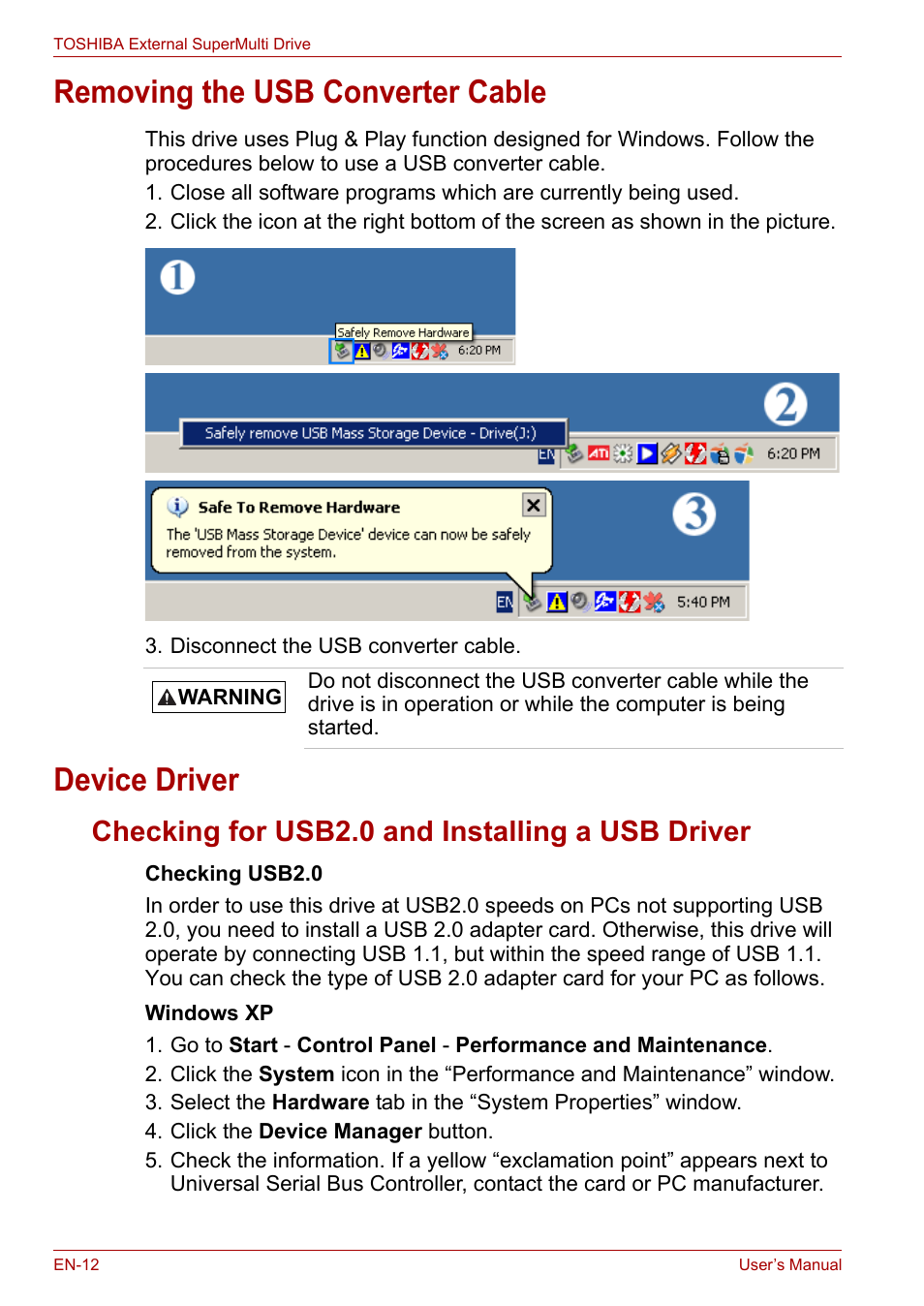 Removing the usb converter cable, Device driver, Checking for usb2.0 and installing a usb driver | Removing the usb converter cable device driver | Toshiba External SuperMulti Drive User Manual | Page 12 / 533