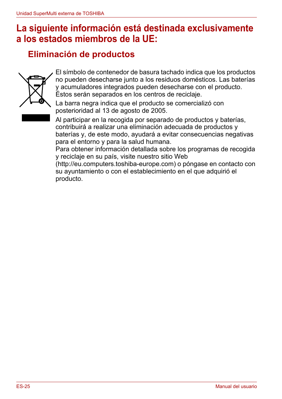 Eliminación de productos | Toshiba External SuperMulti Drive User Manual | Page 120 / 533