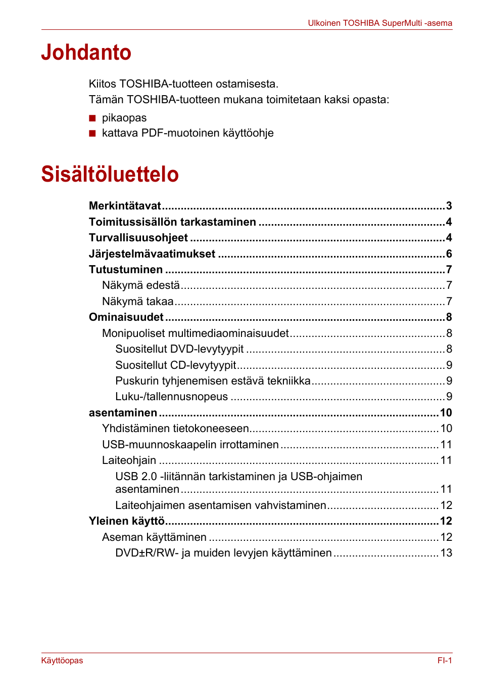 Käyttöopas, Johdanto, Sisältöluettelo | Toshiba External SuperMulti Drive User Manual | Page 121 / 533