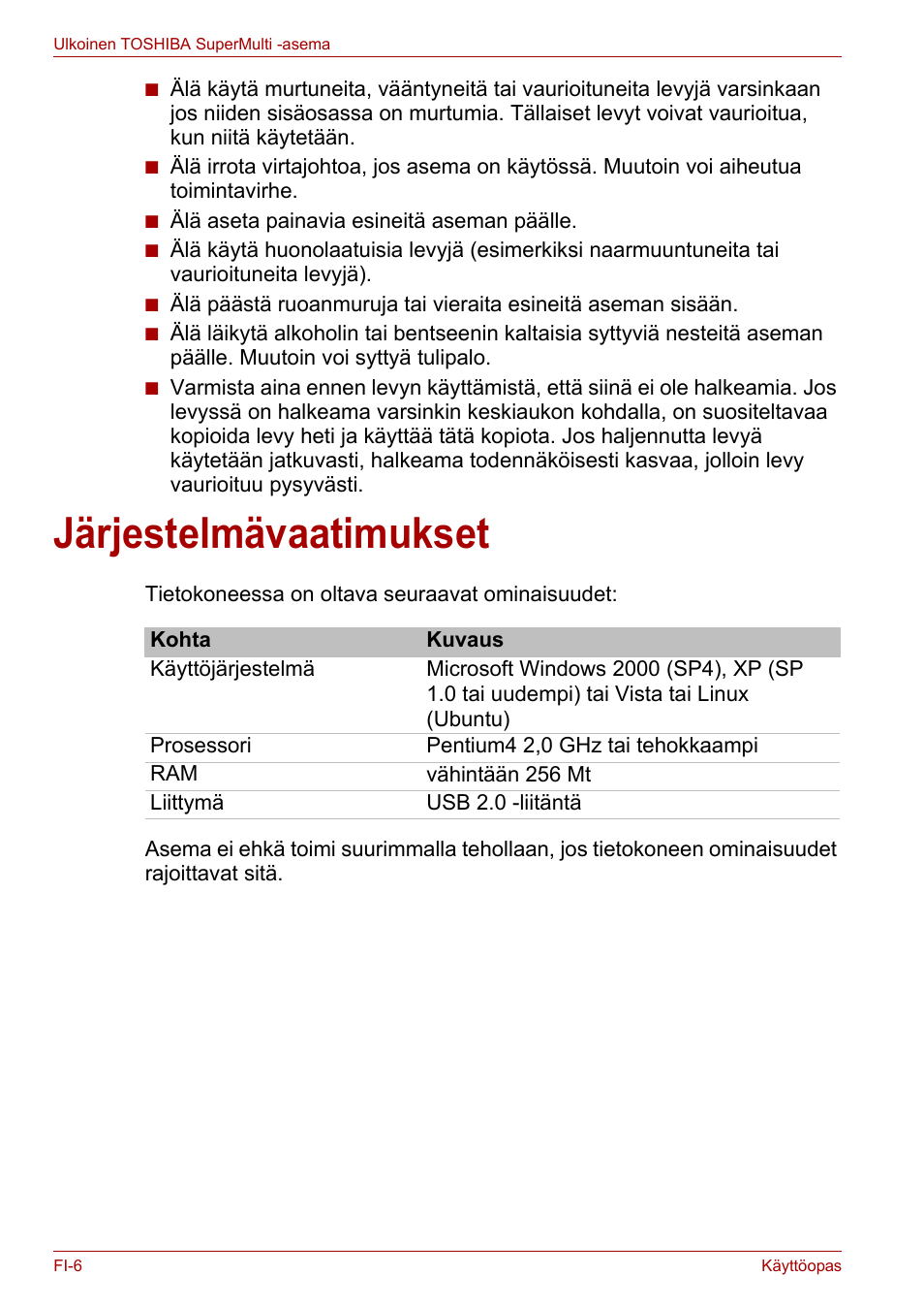 Järjestelmävaatimukset | Toshiba External SuperMulti Drive User Manual | Page 126 / 533