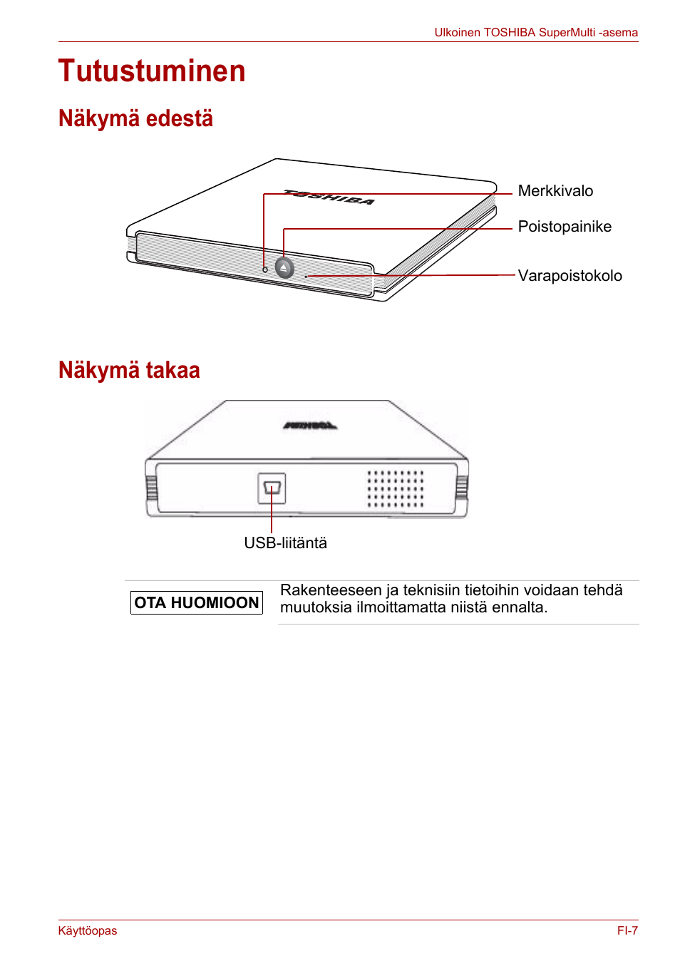 Tutustuminen, Näkymä edestä, Näkymä takaa | Näkymä edestä näkymä takaa | Toshiba External SuperMulti Drive User Manual | Page 127 / 533