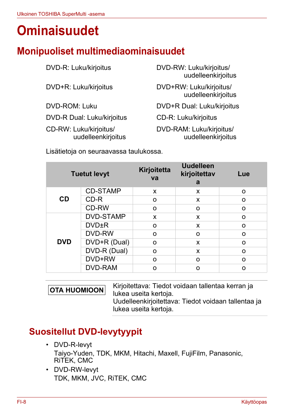 Ominaisuudet, Monipuoliset multimediaominaisuudet, Suositellut dvd-levytyypit | Toshiba External SuperMulti Drive User Manual | Page 128 / 533