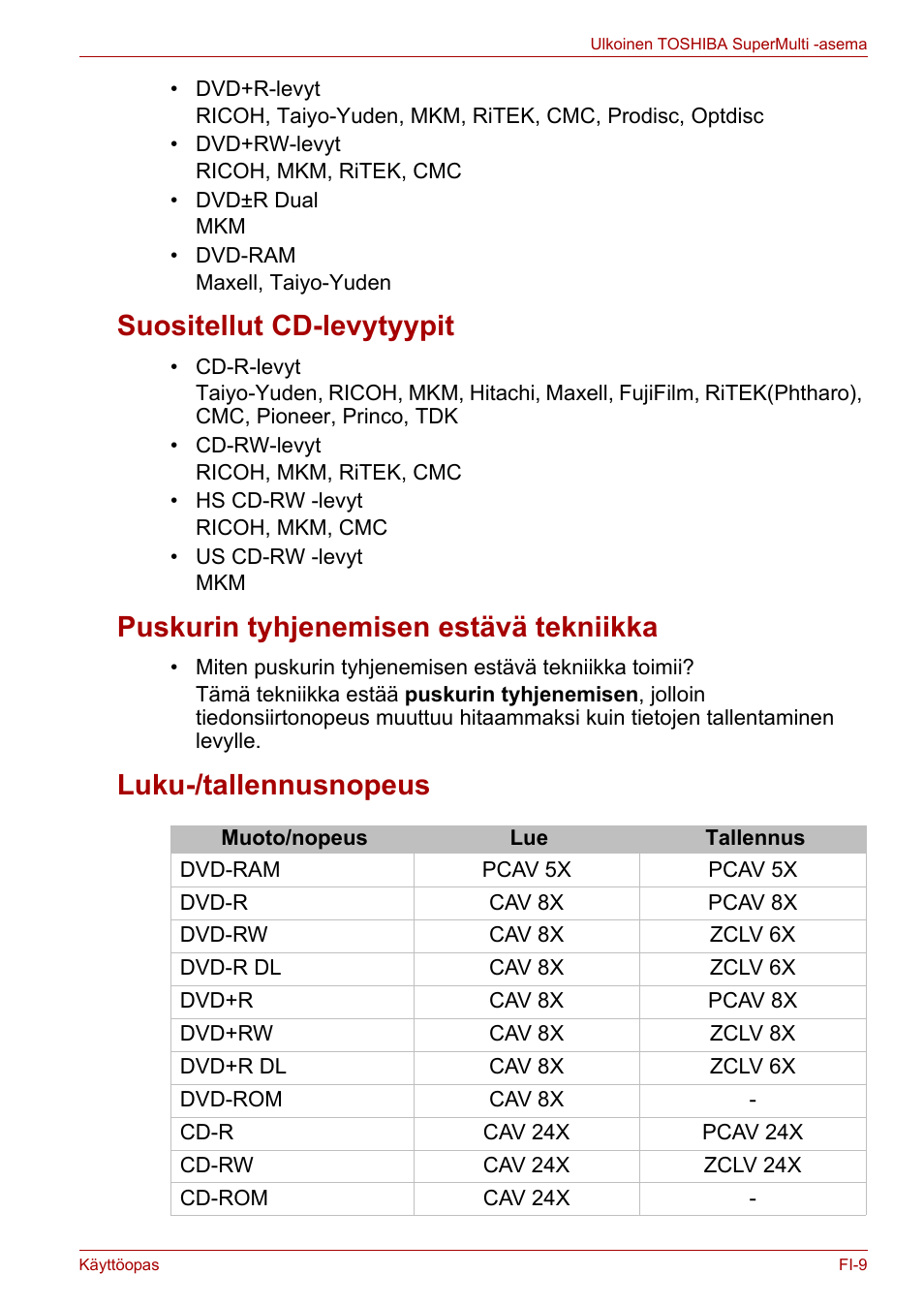 Suositellut cd-levytyypit, Puskurin tyhjenemisen estävä tekniikka, Luku-/tallennusnopeus | Toshiba External SuperMulti Drive User Manual | Page 129 / 533