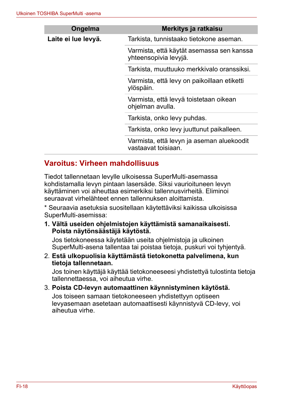Varoitus: virheen mahdollisuus | Toshiba External SuperMulti Drive User Manual | Page 138 / 533