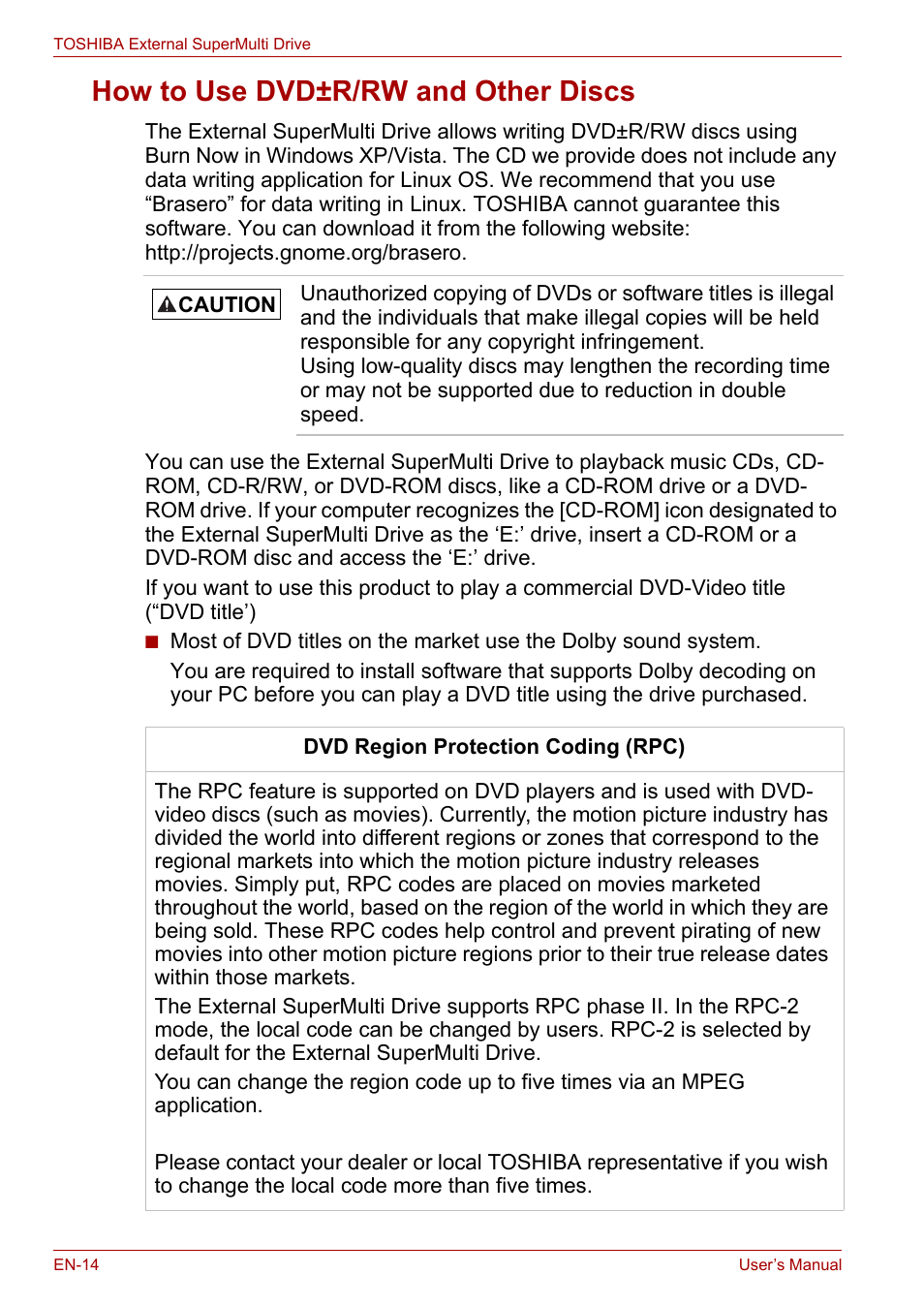How to use dvd±r/rw and other discs | Toshiba External SuperMulti Drive User Manual | Page 14 / 533