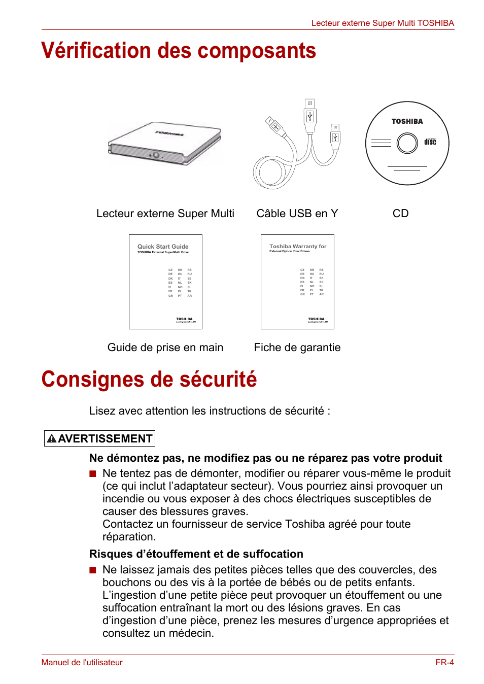 Vérification des composants, Consignes de sécurité, Vérification des composants consignes de sécurité | Avertissement | Toshiba External SuperMulti Drive User Manual | Page 147 / 533