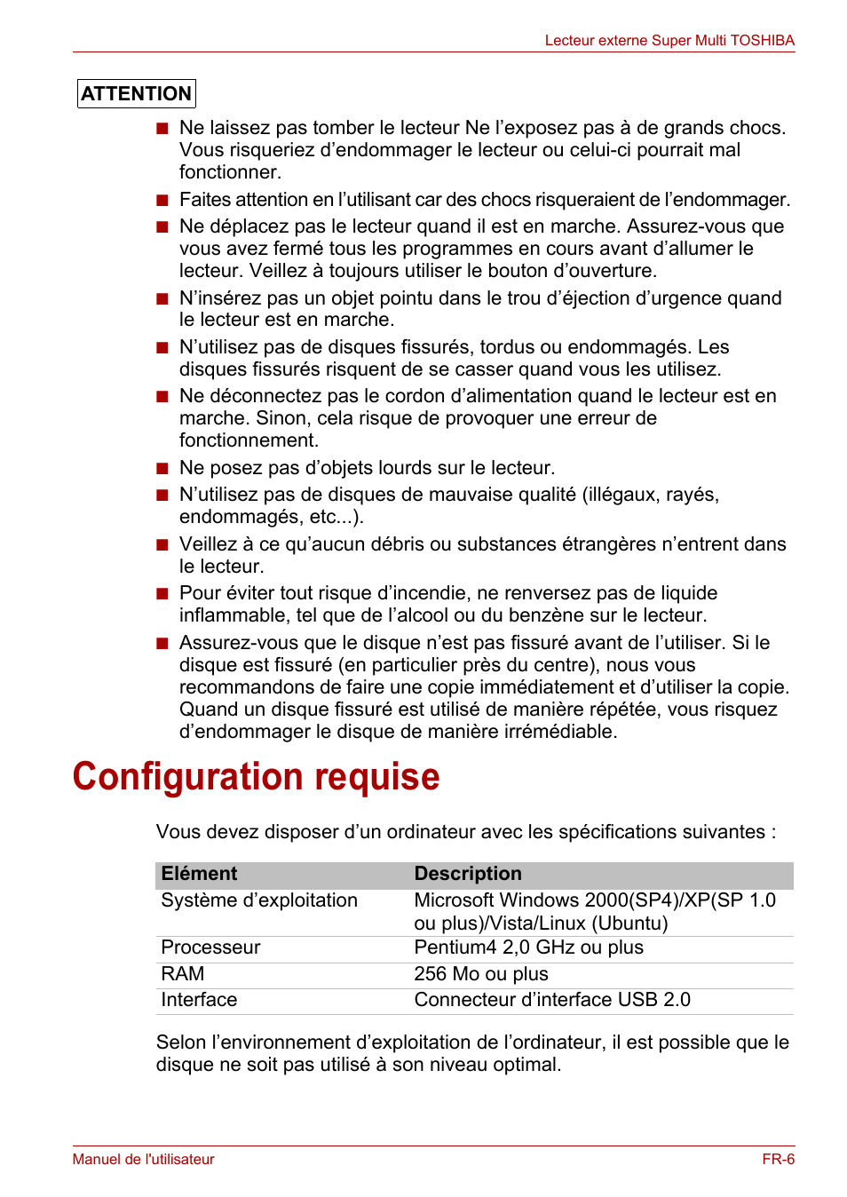 Configuration requise | Toshiba External SuperMulti Drive User Manual | Page 149 / 533