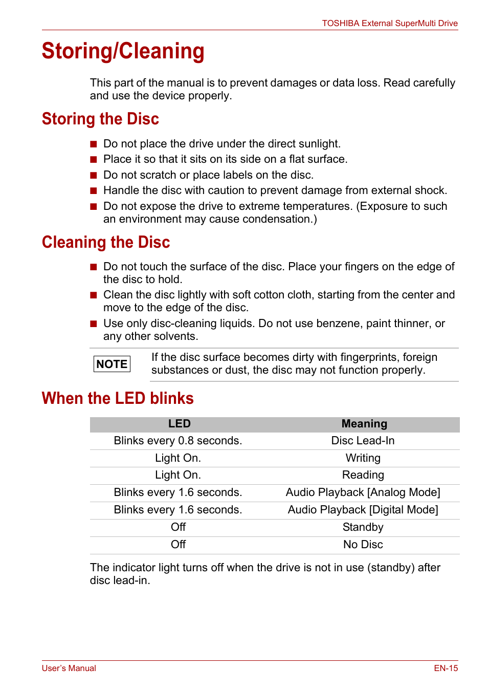 Storing/cleaning, Storing the disc, Cleaning the disc | When the led blinks | Toshiba External SuperMulti Drive User Manual | Page 15 / 533