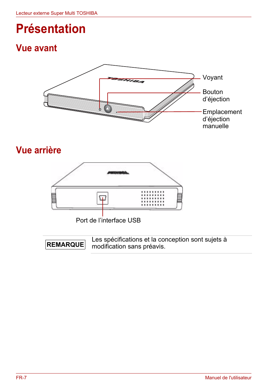Présentation, Vue avant, Vue arrière | Vue avant vue arrière | Toshiba External SuperMulti Drive User Manual | Page 150 / 533