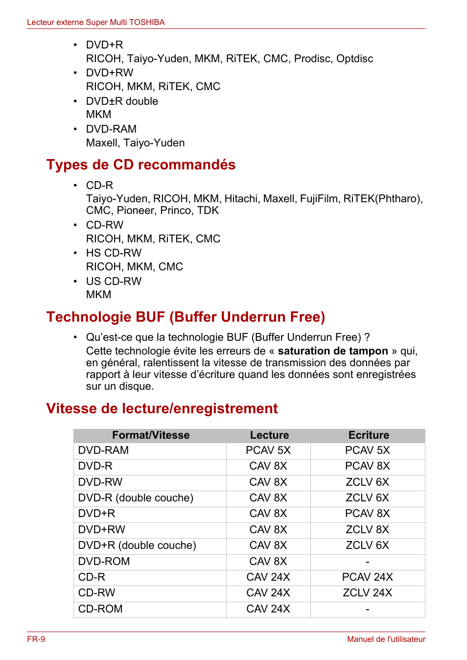 Types de cd recommandés, Technologie buf (buffer underrun free), Vitesse de lecture/enregistrement | Toshiba External SuperMulti Drive User Manual | Page 152 / 533