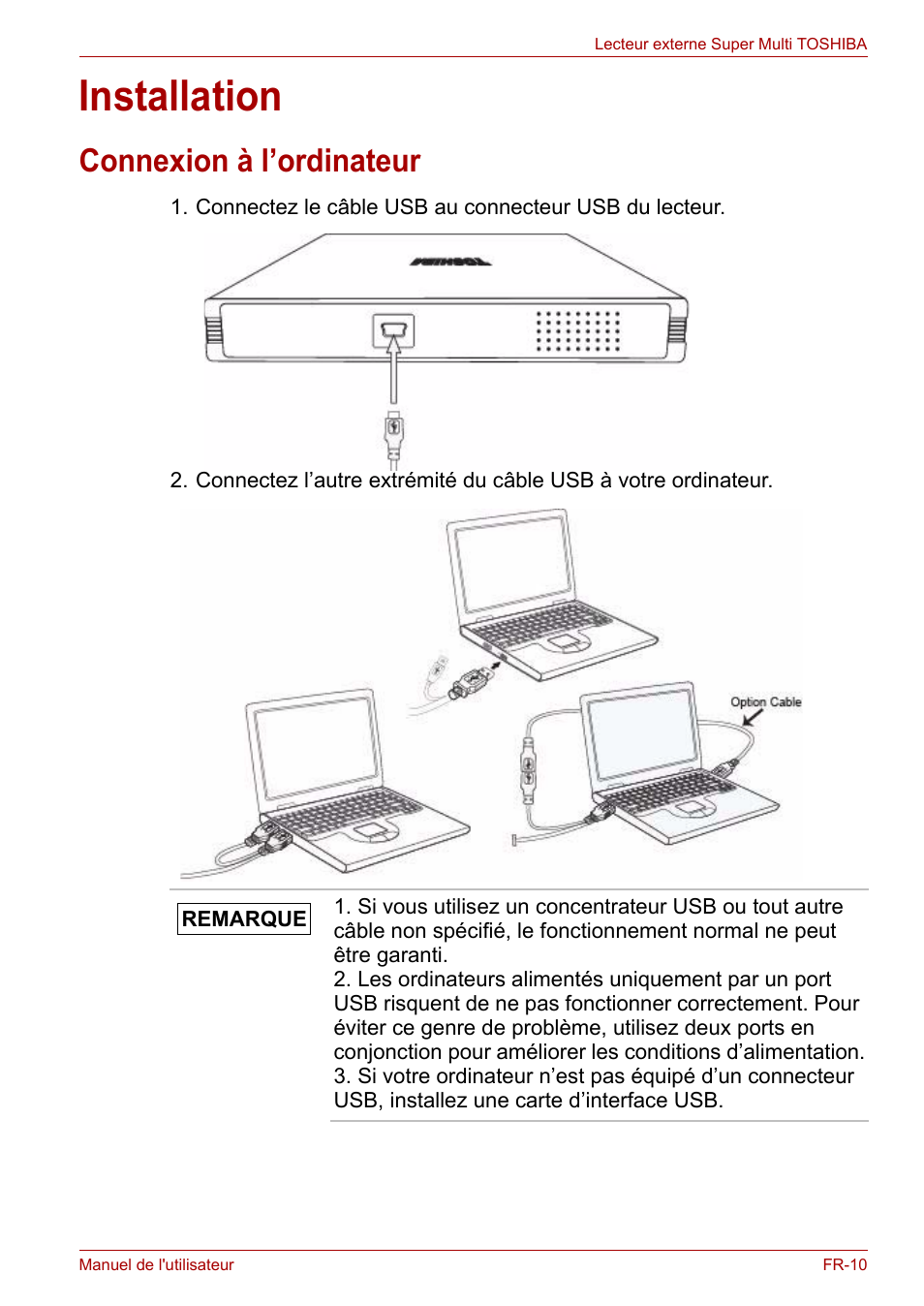 Installation, Connexion à l’ordinateur | Toshiba External SuperMulti Drive User Manual | Page 153 / 533