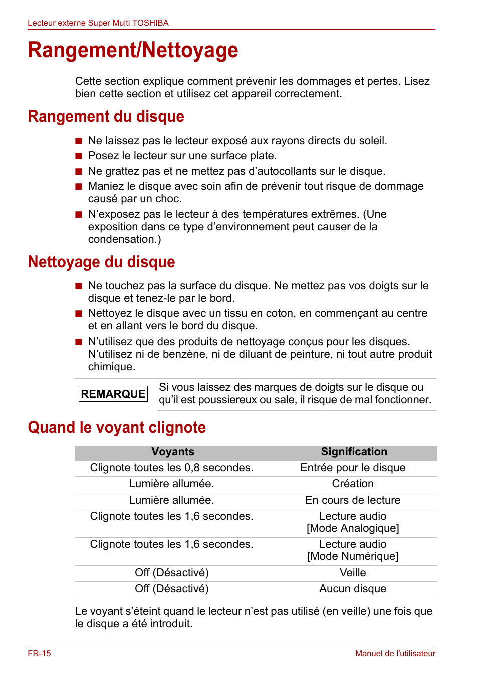 Rangement/nettoyage, Rangement du disque, Nettoyage du disque | Quand le voyant clignote | Toshiba External SuperMulti Drive User Manual | Page 158 / 533