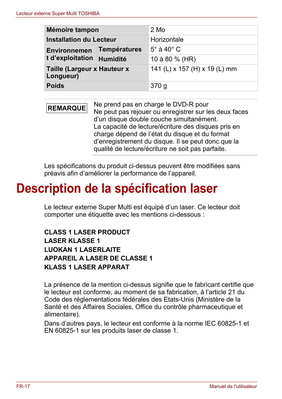 Description de la spécification laser | Toshiba External SuperMulti Drive User Manual | Page 160 / 533