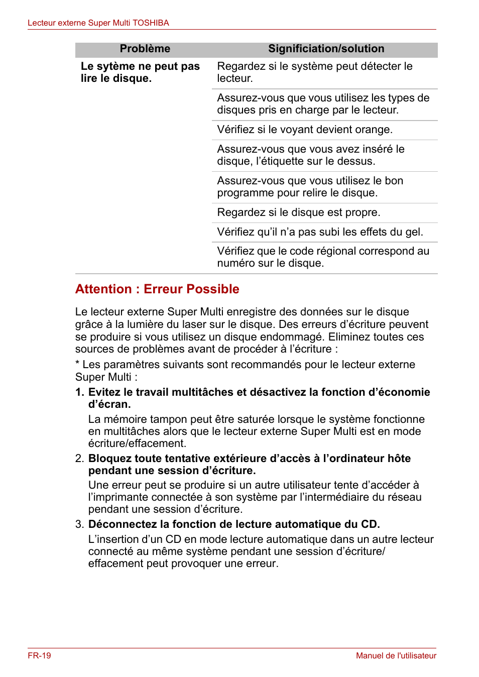 Attention : erreur possible | Toshiba External SuperMulti Drive User Manual | Page 162 / 533