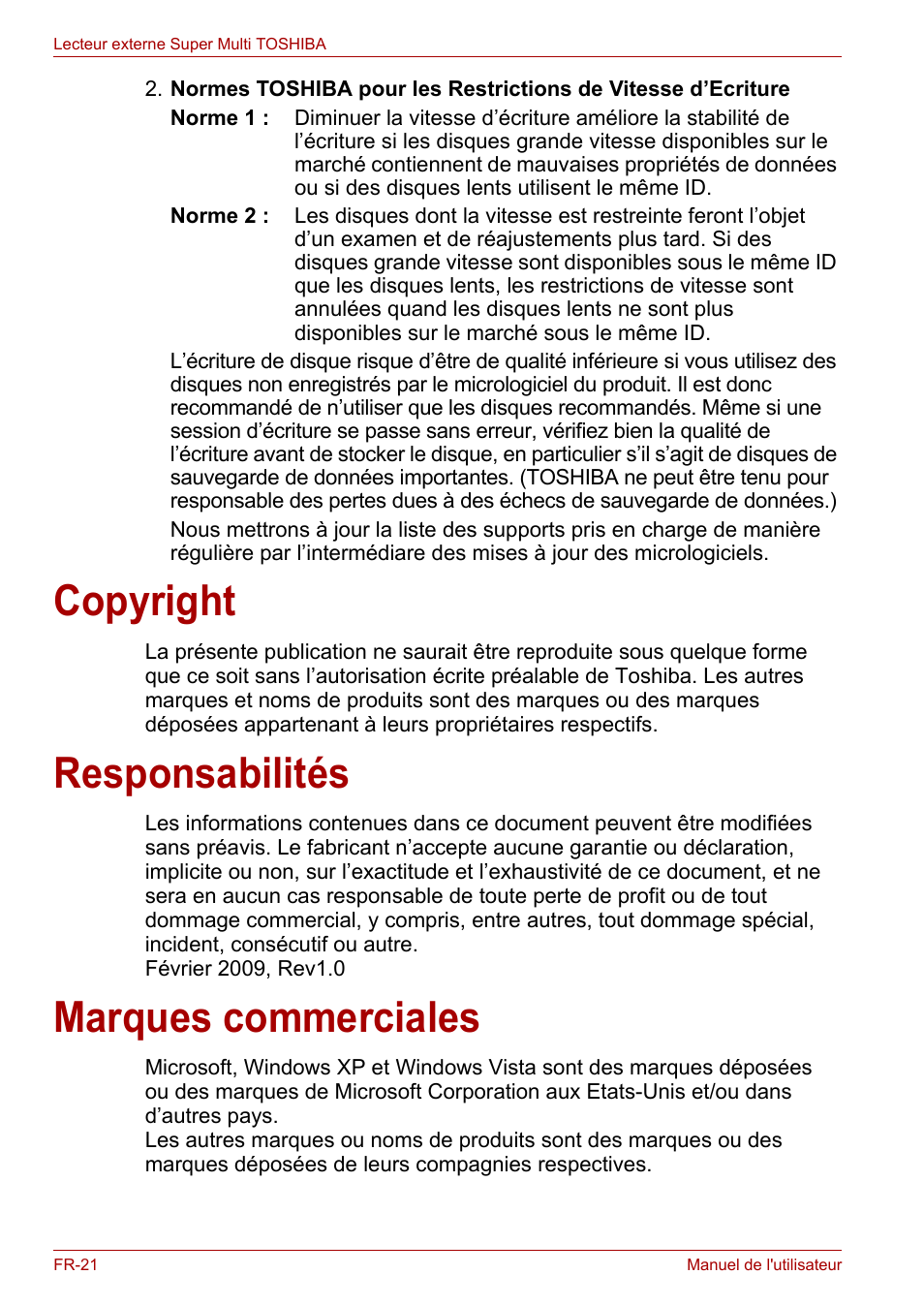 Copyright, Responsabilités, Marques commerciales | Copyright responsabilités marques commerciales | Toshiba External SuperMulti Drive User Manual | Page 164 / 533