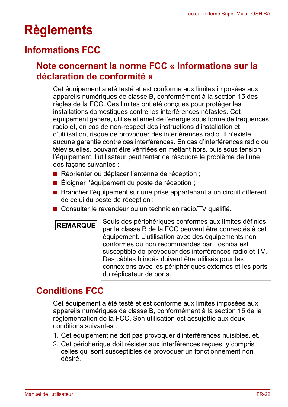 Règlements, Informations fcc, Conditions fcc | Toshiba External SuperMulti Drive User Manual | Page 165 / 533