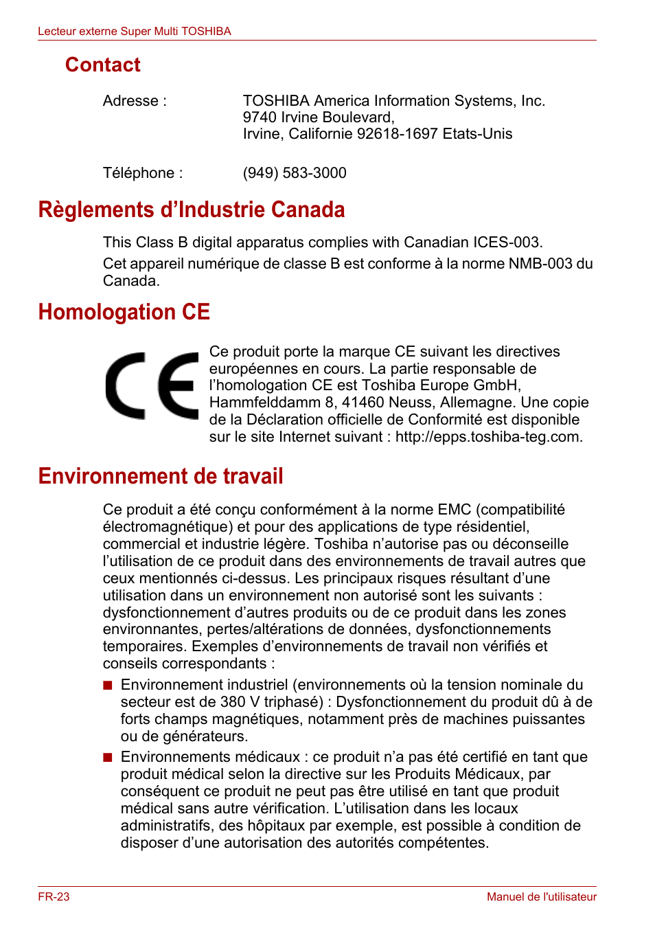 Contact, Règlements d’industrie canada, Homologation ce | Environnement de travail | Toshiba External SuperMulti Drive User Manual | Page 166 / 533